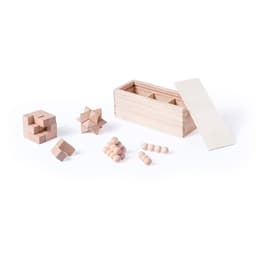 A wooden puzzle set featuring various geometric shapes and a storage box, all in natural wood tones.