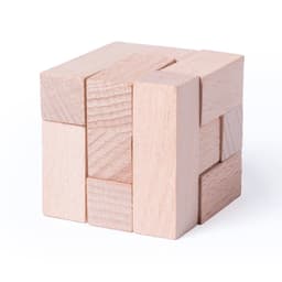 A wooden puzzle cube featuring natural light wood pieces arranged in a three-dimensional structure.