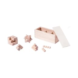 A wooden puzzle set with various shapes, including cubes and spheres, in a rectangular storage box.