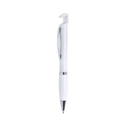 A white pen with a silver clip and a unique holder design, featuring a branded logo.