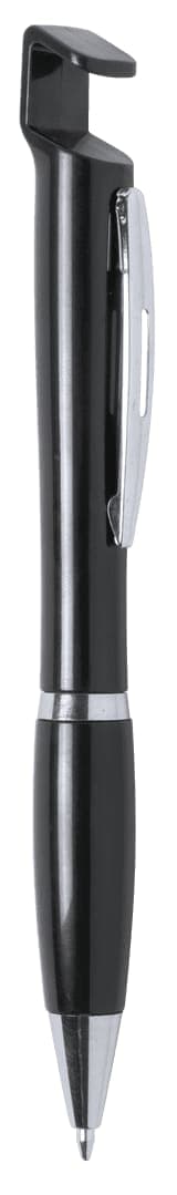 A black pen with a clip design and silver accents. It features a smooth barrel and a metal clip.