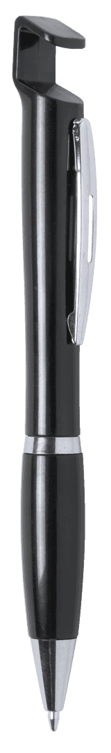 A black pen with a sleek design and a clip, featuring a silver accent and a logo.