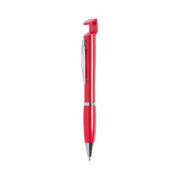 A red pen with a clip design, featuring a silver accent and a logo on the barrel.