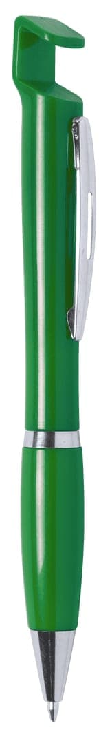 A green pen with a unique holder design and a silver clip. The pen features a smooth finish.