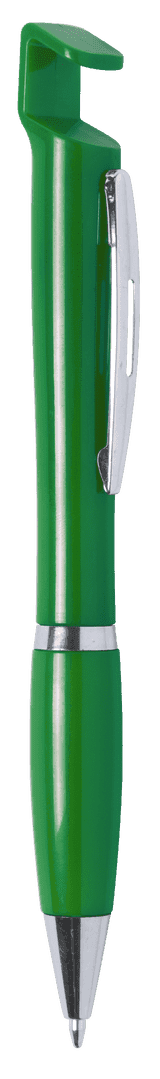 A green pen with a unique holder design and a silver clip. It features a sleek finish and a logo.