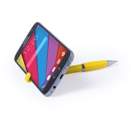 A yellow pen designed to hold a smartphone, positioned upright, showcasing a colourful phone screen.