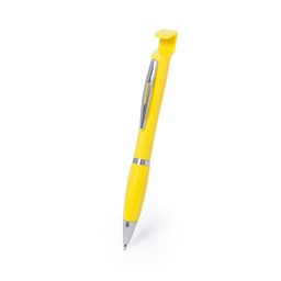 A yellow pen with a sleek design, featuring a clip and silver accents, ideal for writing.