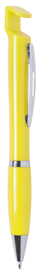 A yellow pen with a sleek design, featuring a silver clip and a logo on its body.