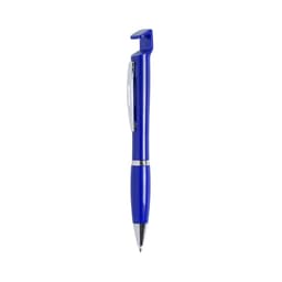 A blue pen with a unique design and a silver clip, featuring a logo on its surface.