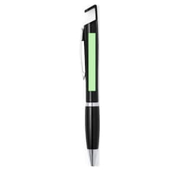 A black pen with a silver tip and clip, featuring a green section, includes a logo on its surface.