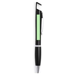 A black pen with a green section and a silver clip, featuring a branding logo on the body.