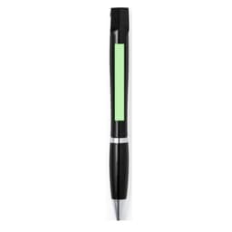 A black pen with a silver band and a green panel for branding. The pen features a sleek design.