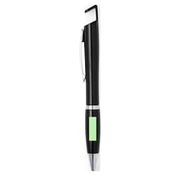 A black pen with a green accent and a clip, featuring a logo on the body.