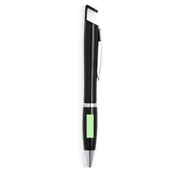 A black and silver pen with a green accent and a clip for attachment, featuring a logo.