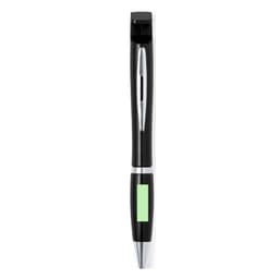 A black pen with a silver clip and a mint green accent, featuring a logo on the body.