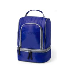 A blue cooler bag with grey accents, featuring a handle and a front pocket, has a logo on it.