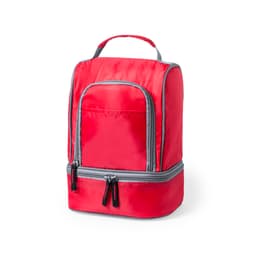 A red cooler bag with a grey zipper, featuring a front pocket and a sturdy carry handle.