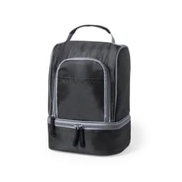 A black cooler bag with a front pocket and double zipper closure, featuring a sturdy handle on top.