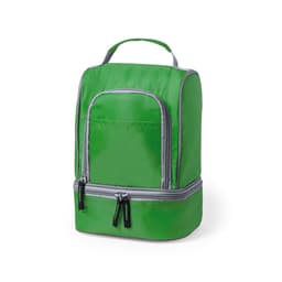 A green cooler bag with a zippered main compartment and a front pocket, featuring a handle and grey accents.