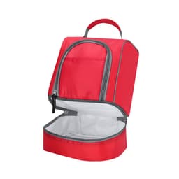 A red cooler bag with a grey zipper, featuring a spacious interior and a sturdy handle.