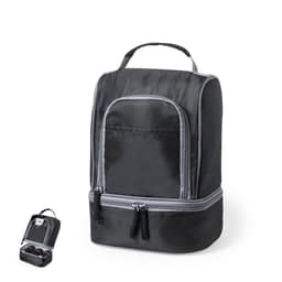 A black cooler bag with grey accents, featuring a front pocket and dual zip compartments. Includes a small additional case.