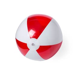 A beach ball in red and white, featuring a glossy finish and a central valve for inflation.