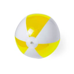 A beach ball featuring white and bright yellow panels, designed for leisure and outdoor activities. It has a logo.