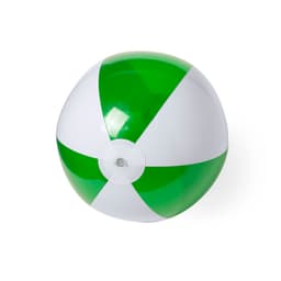 A large beach ball featuring green and white panels, designed for leisure and outdoor activities. It has a logo on it.
