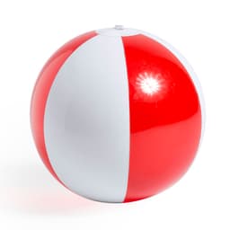 A beach ball with alternating red and white stripes, featuring a shiny surface and a small valve.