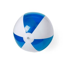 A beach ball featuring blue and white panels, with a central inflation valve and a glossy finish.