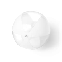 A transparent beach ball with white sections and a small internal light. It has a branding logo.