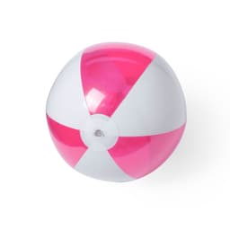 A beach ball featuring bright pink and white segments, ideal for leisure and outdoor activities.