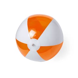 A beach ball in orange and white, with a shiny surface and a central valve, featuring branding.