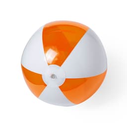 A beach ball with orange and white panels, featuring a logo on its surface. Ideal for leisure activities.