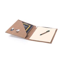 A brown folder with a pen, empty sheets, and a space for a photo. It features a logo on the exterior.