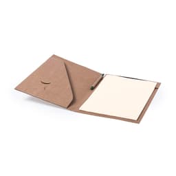 A brown folder with an interior pocket and an attached notepad, designed for office and business use.