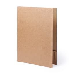A brown folder with a sleek design, featuring a pocket for documents and a logo on the front.