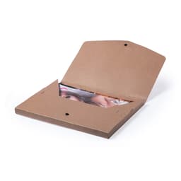 A brown kraft folder with an open flap, revealing contents inside. The folder features a fastening button.