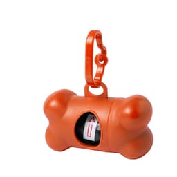 An orange bone-shaped waste bag dispenser with a clip for attachment, featuring a visible roll of waste bags inside.