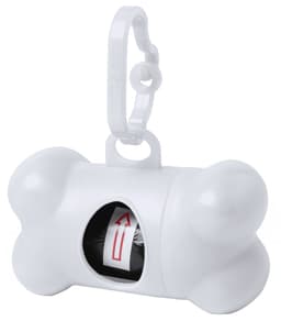 A white bone-shaped waste bag dispenser with a clip, featuring a roll of black waste bags inside.