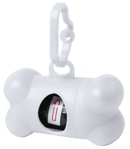 A white bone-shaped waste bag dispenser with a clip, featuring a roll of waste bags inside.