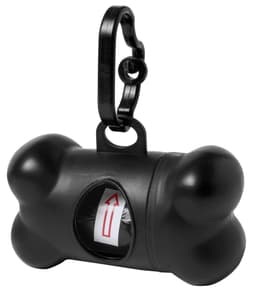 A black bone-shaped waste bag dispenser with a clip for attachment. It includes an opening for bag access.