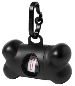 A black bone-shaped waste bag dispenser with a clip, featuring an opening for easy access to bags.