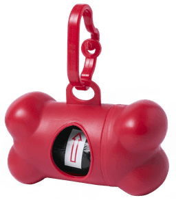 A red bone-shaped waste bag dispenser with a clip for attachment and a roll of bags inside.