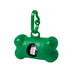 A green bone-shaped waste bag dispenser featuring a clip for easy attachment and a visible roll of bags inside.