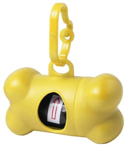 A yellow bone-shaped waste bag dispenser with a clip for easy attachment. It has an opening for bag access.