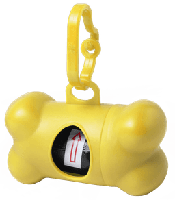 A yellow bone-shaped waste bag dispenser with a clip and an opening for accessing bags. It features a logo.