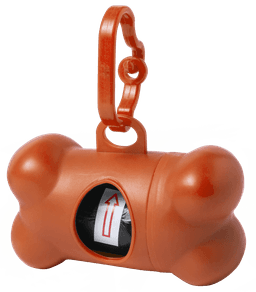An orange bone-shaped waste bag dispenser with a hook for attaching to leads or bags. It includes a visible roll of waste bags inside.