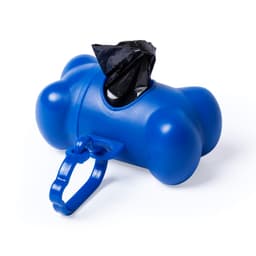 A blue bone-shaped waste bag dispenser with a black bag partially pulled out and a clip for attachment.