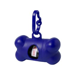 A purple bone-shaped waste bag dispenser with a clip for attachment and a visible roll of bags inside.
